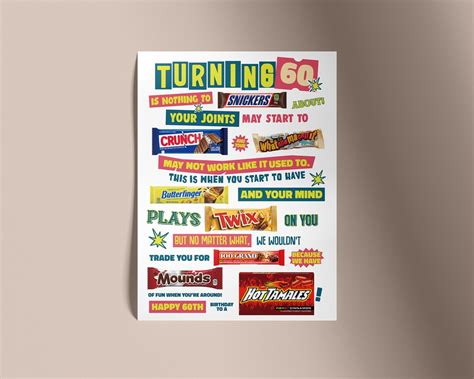 60 Birthday Candy Poster For Birthday Candy Sign Ideas Funny Etsy