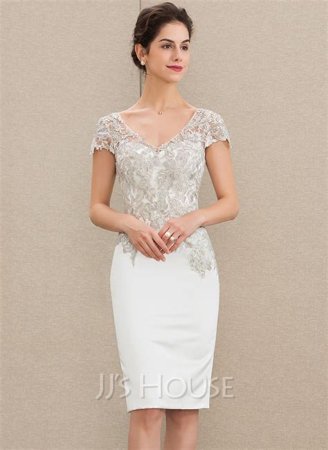 Sheath Column V Neck Knee Length Satin Lace Wedding Dress 002235615