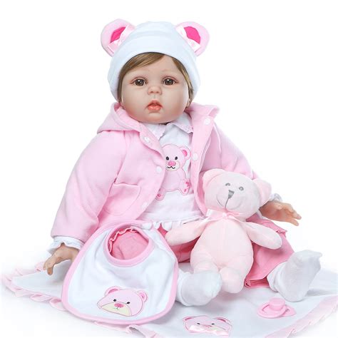 22 Cute Baby Girl Doll Reborn Soft Vinyl Doll Teddy Bear Pink Day Time