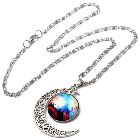 Galaxy Moon Universe Glass Cabochon Crescent Pendant Chain Necklace At