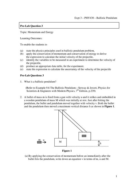 Expt 3 PHY430 PHY433 Ballistic Pendulum Pre Lab Question 3 Topic