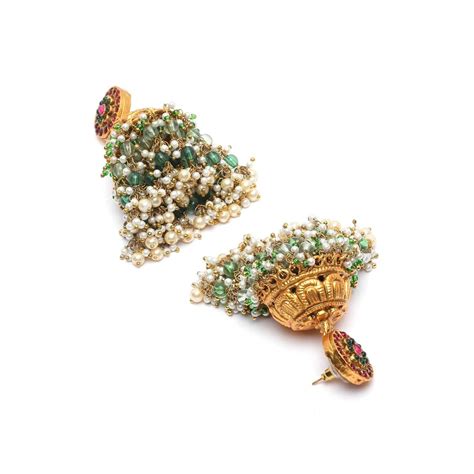 Dugran By Dugristyle Green Pink And Gold Jhumkas Earring With Pearls