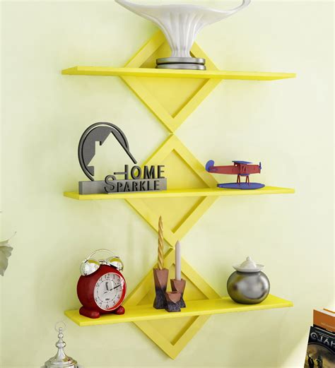 Buy Set Of Engineered Wood Floating Wall Shelf In Yellow Colour By