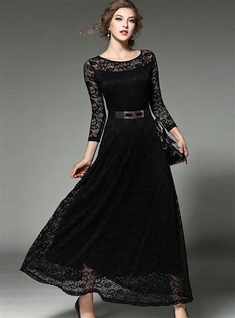 Lace Hollow Out Belt Long Sleeve Maxi Dress A Line Dresses Ankle