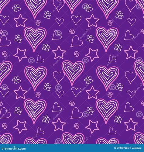 Set Of Seamless Patterns With Hand Drawn Hearts Stars And Flowers