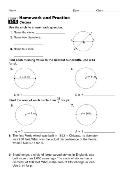 Lesson 10 5 Circle Homework And Practice Review