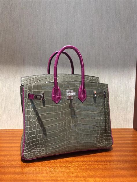 Hermes Birkin 25 Bag 亮面两点鳄鱼皮 CK81斑鸠灰/J5天方夜谭粉紫 马蹄印-Hermès Birkin kelly ...