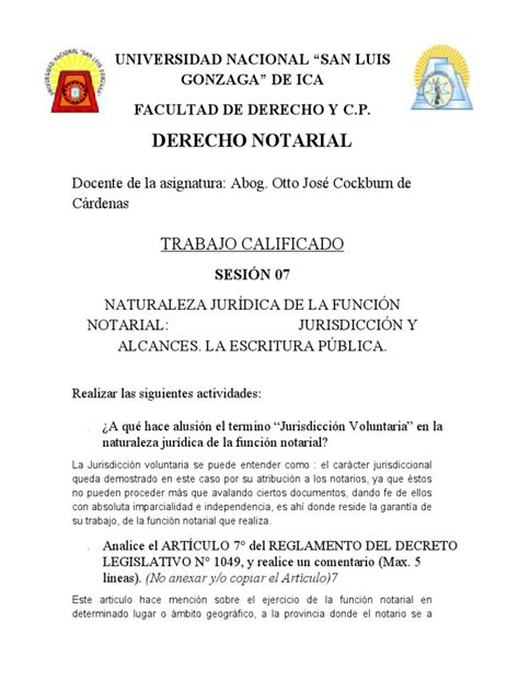 Sesión 07 Naturaleza Jurídica De La Función Notarial Jurisdicción Y Alcances La Escritura