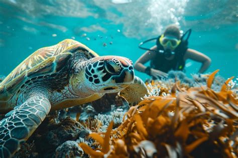 Premium Photo Diver Watching Sea Turtle Eating Seaweed