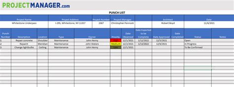 Project Management Punch List Template