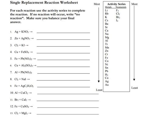 Single Replacement Reaction Worksheet For Each Chegg