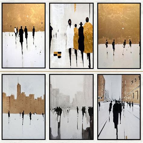 Multiple Images Of People Walking In The Snow With Buildings And