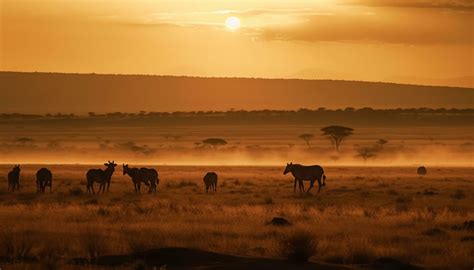 Sunset over African savannah, a herd of grazing elephants generated by AI 25492428 Stock Photo ...