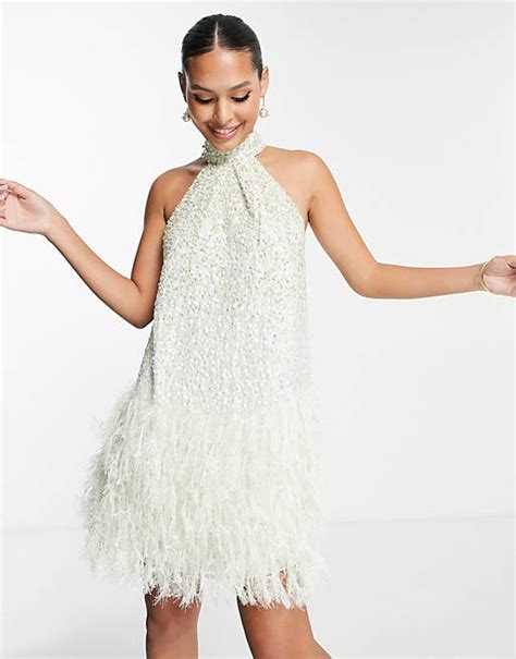 Asos Edition Sequin Halter Mini Dress With Faux Feather Hem In Sage Green Asos