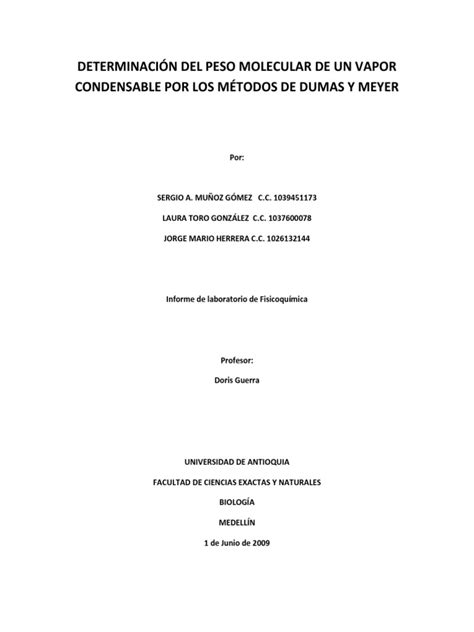 Determinacion De Peso Molecular De Un Vapor Condensable Pdf Gases Medición