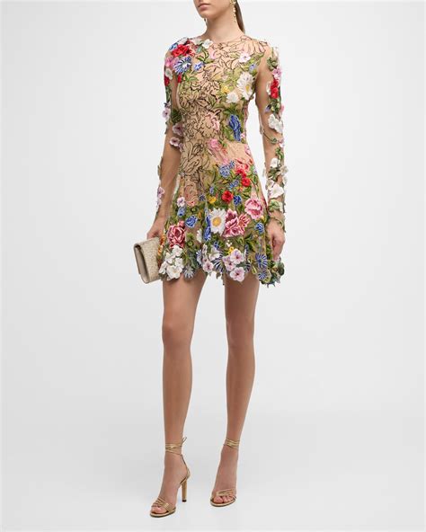 Oscar De La Renta Floral Bead Embroidered Long Sleeve Sheer Gown