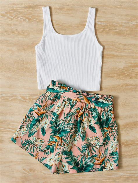 Shein Teen Girls Rib Knit Tank Top And Tropical Print Shorts Set Shein Usa