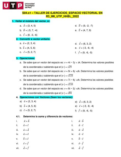 S04 S1 Taller DE Ejercicio Espacio Vectorial EN R3 IMI UTP HHBL 2022