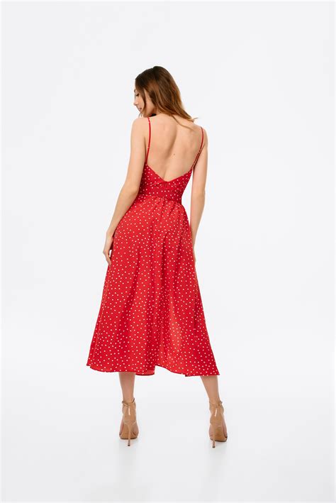 Red Polka Dot Dress With Open Back And Belt