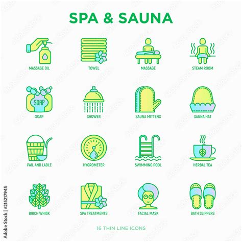 Spa Sauna Thin Line Icons Set Massage Oil Towels Steam Room