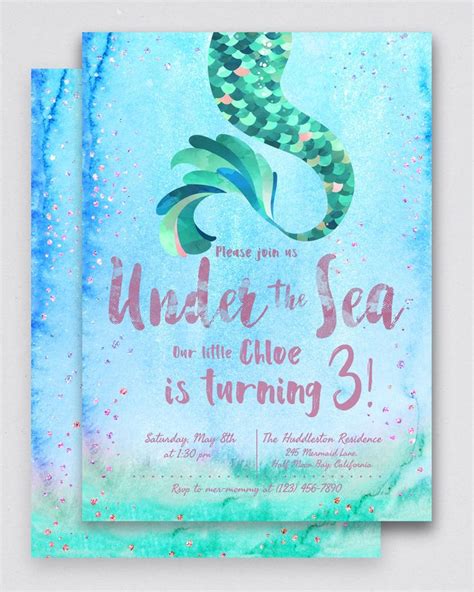 Mermaid Birthday Invitation 5x7 Inches Editable Template Etsy