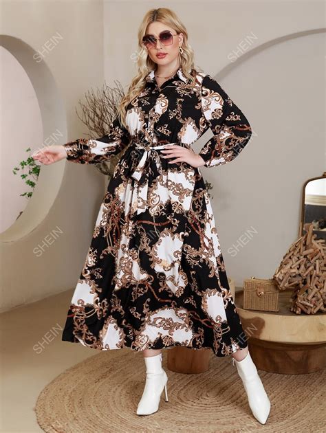 Shein Clasi Plus Baroque Chain Print Bishop Sleeve Belted Shirt Dress