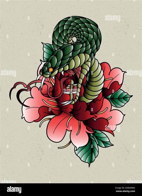 Snake And Peony Tattoo Old School Stock Vector Image And Art Alamy