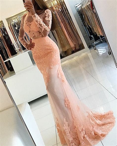 Sexy Peach Lace Appliques Mermaid Prom Dress Sheer Long Sleeves