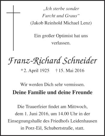 Traueranzeigen Von Franz Richard Schneider Wirtrauern