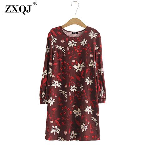 Zxqj Women Dress Sweet Floral Pattern Straight Mini Dress Long Sleeve O