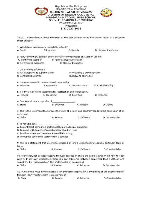 Summative Test 2 Reading And Writing Republic Of The Philippines Department Of Education