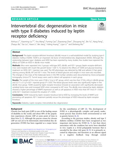 PDF Intervertebral Disc Degeneration In Mice With Type II Diabetes