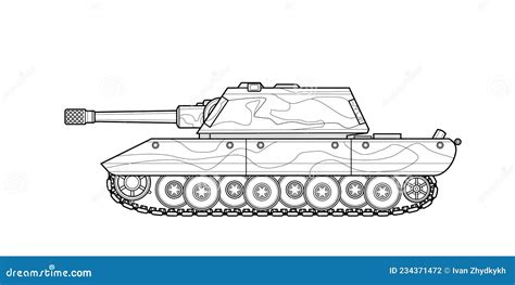 Adult Line Art Military Tank Coloring Page Vector Black Contour Sketch Illustrate Isolated On