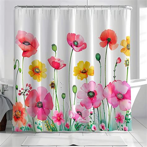 Vibrant Watercolor Floral Shower Curtain Bright Poppies And Daisies In