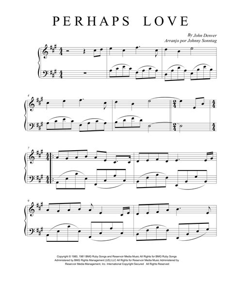 Perhaps Love Arr Johnny Sonntag By John Denver And Placido Domingo Sheet Music For Piano Solo