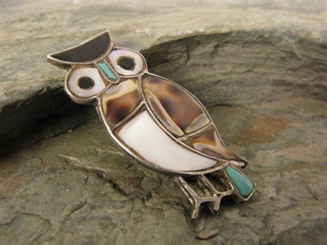 Large Old Pawn Navajo Sterling Silver Owl Brooch Pin Gem