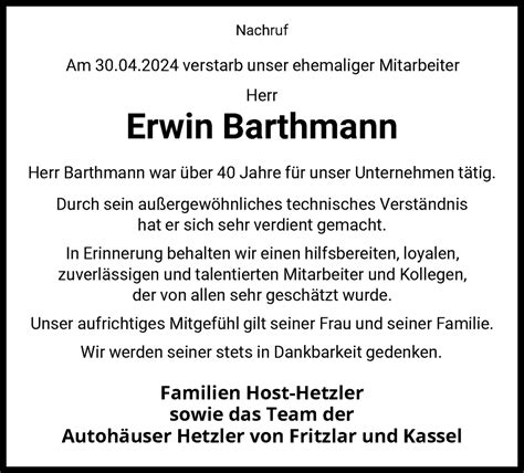 Traueranzeigen Von Erwin Barthmann Trauer HNA De