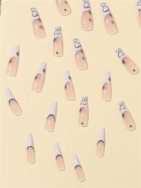 Elevate Your Style With 24pcs Long Coffin White French Star Heart Print Fake Nail And 1sheet Tape