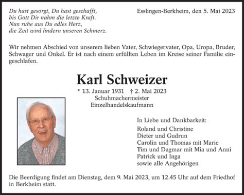 Traueranzeigen Von Karl Schweizer Zeit Des Gedenkens De