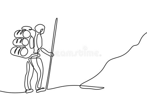 One Line Drawing Of Hiker With Backpack Continuous Hand Drawn Person