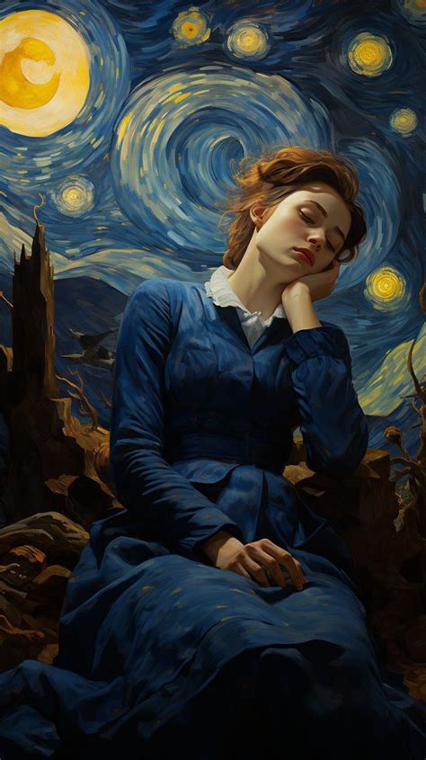 A Painting Of A Woman Sitting In Front Of A Night Sky