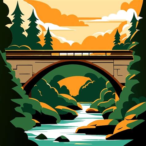 Stone Bridge Over River In The Forest Vector Illustration Doodle Vector