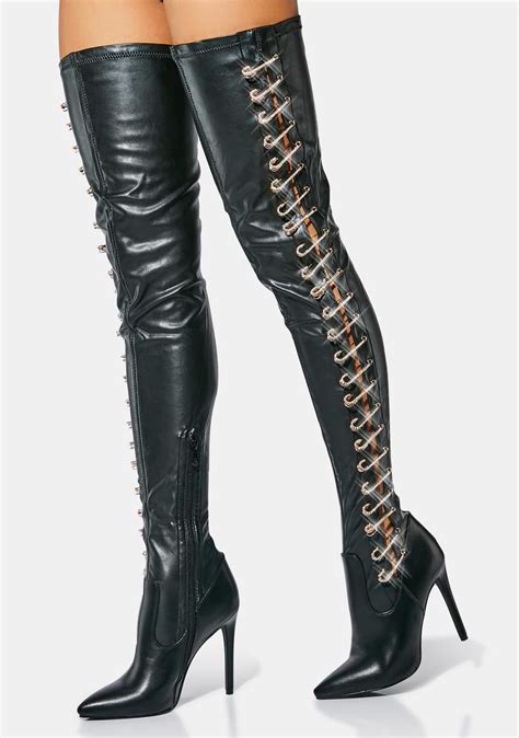 Azalea Wang Knee High Stiletto Boots With Rhinestone Safety Pins