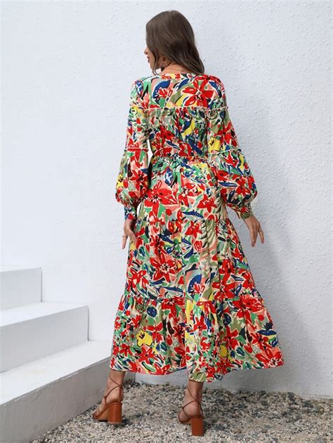 Shein Vcay Vestido Con Estampado Floral De Manga Farol Sin Cintur N