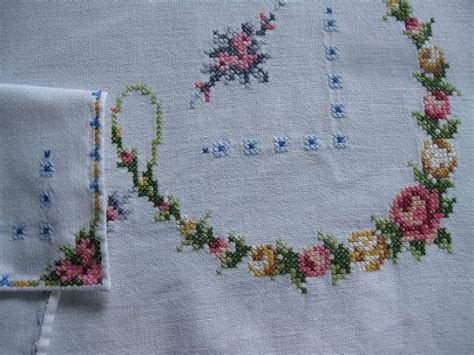 Embroidered Linen Tablecloth Vintage Cross By Mailordervintage