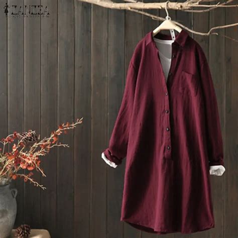 Zanzea Women Autumn Vintage Lapel Neck Long Sleeve Solid Cotton Linen