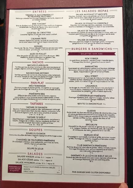 Madisons Restaurant And Bar Menu Canada And Prices List 2023