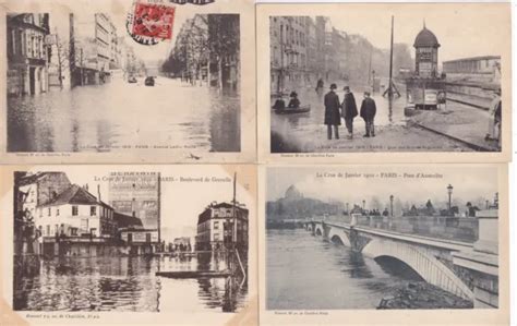 LOT 4 CARTES postales anciennes postcards PARIS inondés crues 1910 éd