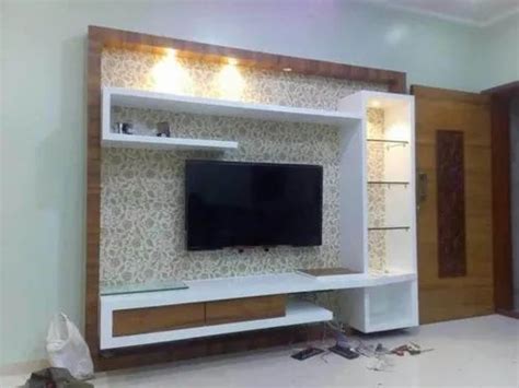 Brown And White Wall Mounted Polished Wooden Tv Cabinet For Living