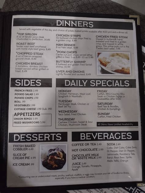 Menu At Cedars South Restaurant Springfield S Campbell Ave